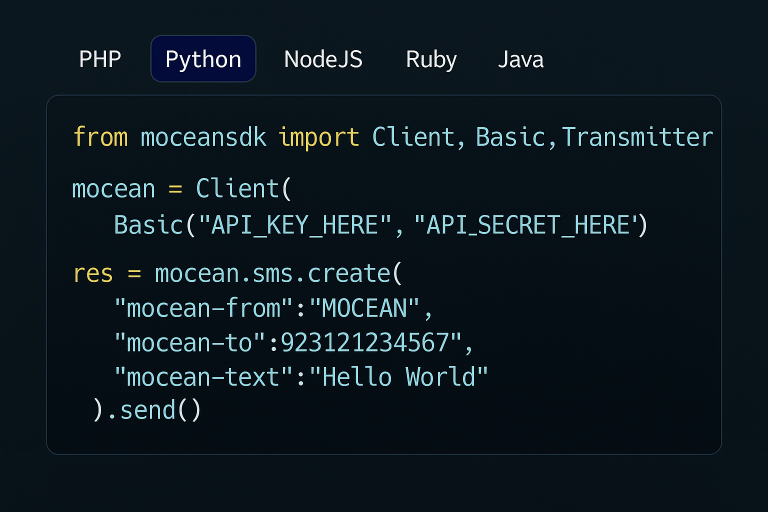 Python code example using Mocean’s SMS API to send instant messages